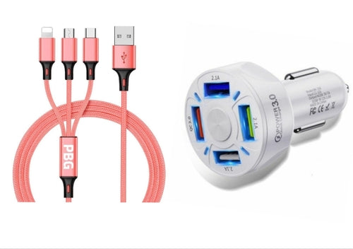 4 Port LED Car Charger + 3 in 1 Cable Combo