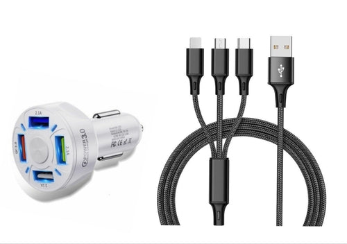 4 Port LED Car Charger + 3 in 1 Cable Combo