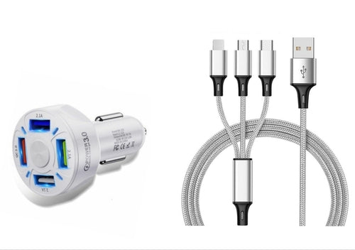 4 Port LED Car Charger + 3 in 1 Cable Combo