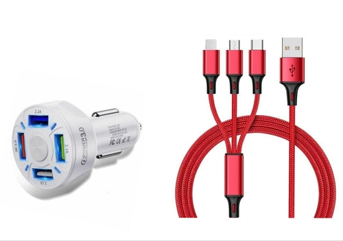 4 Port LED Car Charger + 3 in 1 Cable Combo