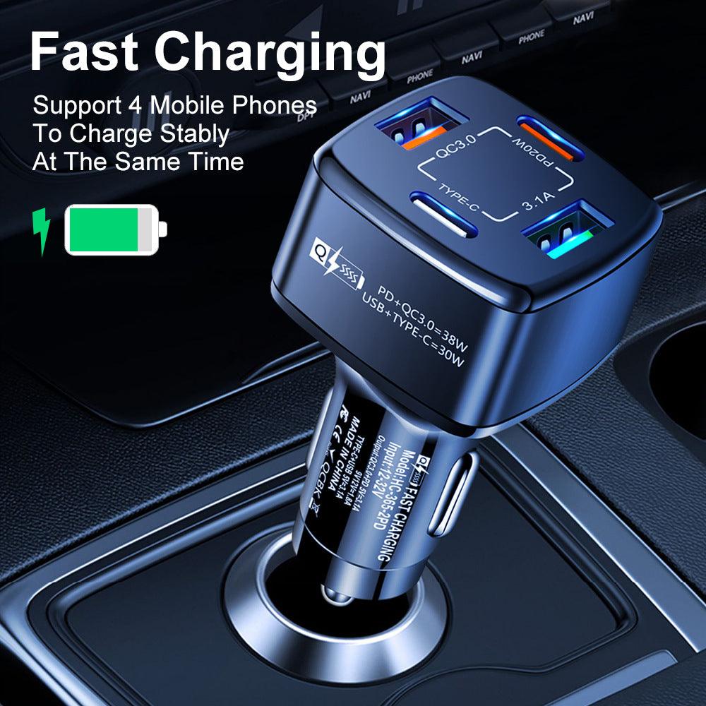 4 Port PD/USB Car Charger and 10FT Charger Compatible for Iphone Green