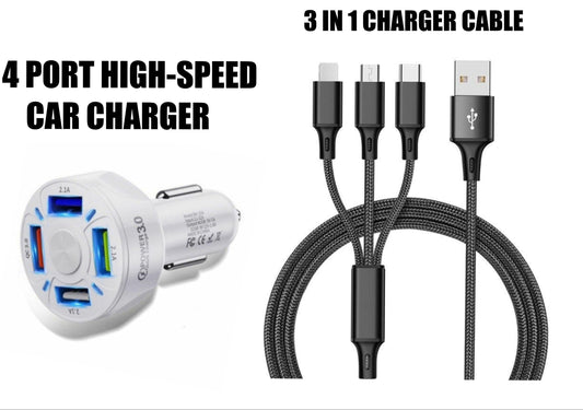 4 Port LED Car Charger + 3 in 1 Cable Combo